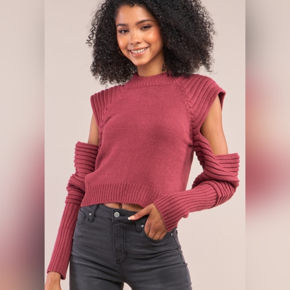 🆕 CUT-OUT SLEEVE RIBBED CROP SWEATER
